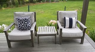Pair Kingsley Bates Outdoor Teak Armchairs and Cocktail Table