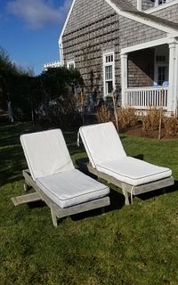 Two Outdoor Teak Chaise Lounges with Cushions