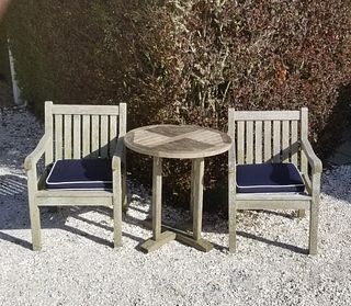 Pair Teak Armchairs and Round Table