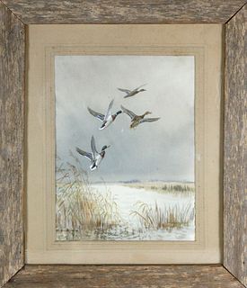 Roland Green Watercolor on Paper "Mallards In Flight"