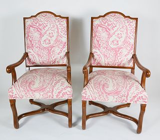 Pair of Pink & White Upholstered Wood Framed Armchairs