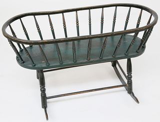 New England Green Painted Windsor Rocking Cradle, Circa 1800