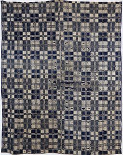 19th Century Blue and White Hand Spun Jacquard Coverlet