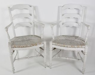 Pair of Contemporary Whitewashed French Provincial Style Rush Seat Armchairs
