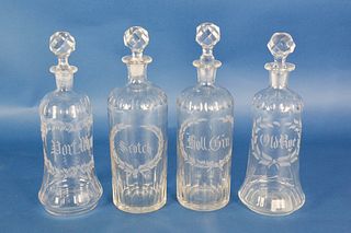 Set of 4 Engraved Crystal Decanters, 19th Century