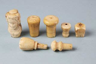 Seven Carved and Turned Whale Ivory Walking Stick Tops and Knobs, circa 1840-1860
