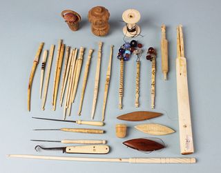 Assortment of Thirty Mostly Whalebone Implements for Sewing, Knitting and Lace Making, 19th Century
