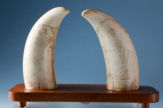 Pair of Scrimshaw Sperm Whale Teeth, circa 1850