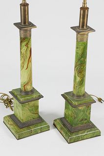 Pair of Green Faux Marble Column Lamps