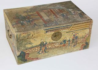 Chinese Pigskin Leather Storage Trunk with Landscape Decoration, 19th Century