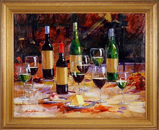 Kerry Hallam Oil on Canvas, "Still Life of Wine Bottles"