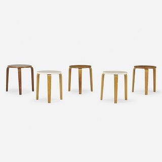 In the manner of Alvar Aalto, stools, set of five