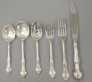 Sixty-one piece Gorham "English Gadroon" Sterling silver flatwear set to include twelve dinner forks,  twelve luncheon forks, twelve teaspoons, six la