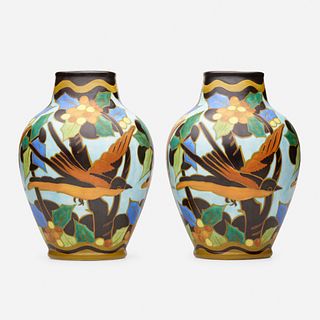 Charles Catteau for Boch Freres Keramis, vases with sparrows, pair