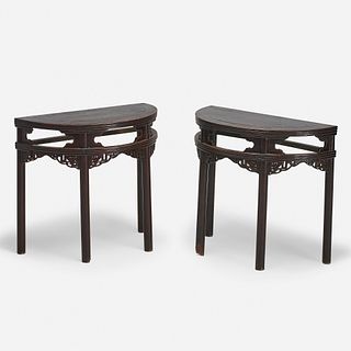 Chinese, demilune console tables, pair