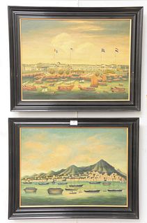 Pair of Chinese oil on canvas to include view of Canton Trade Harbor painting with Chinese junks along with a landscape of town on coast with Chinese 