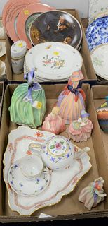 Two tray lots to include Herend teapot, cup and saucer, triangle dish, five Royal Doulton figures, Bernardaud Limoges luncheon plates, Bernardaud box,