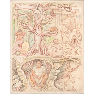 RAÚL ANGUIANO, La Ceiba, mural sketch, Signed and dated 1955, Sanguine and color pencils on paper, 24.4 x 18" (62 x 46 cm)