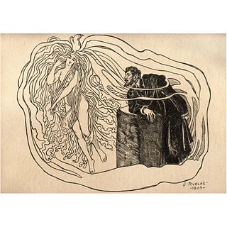 JULIO RUELAS, El poeta y la musa, Signed and dated 1903, Ink on paper, 4.7 x 6.6" (12 x 17 cm)
