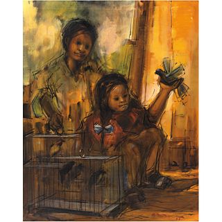 ENRIQUE SÁNCHEZ, Niños y pájaros, Signed and dated 67 on front, Signed and dated Mex 67 on back, Oil on canvas, 39.5 x 31.4" (100.5 x 80 cm)
