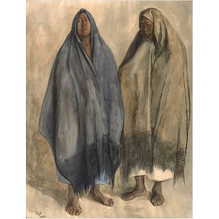 FRANCISCO ZÚÑIGA, Dos mujeres de pie con rebozo, Signed and dated 1969, Watercolor and conté on paper, 25.5 x 19.4" (65 x 49.5 cm)