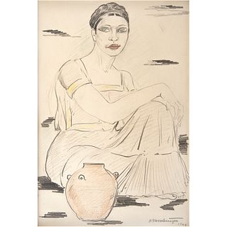 ROBERTO MONTENEGRO, Tehuana, Signed and dated 1944, Graphite and color pencils on paper, 11 x 7.4" (28 x 19 cm)