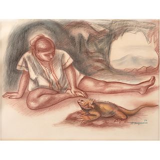 RAÚL ANGUIANO, Muchacha con iguana, Signed and dated 70, Sanguine and pastel on paper, 19.4 x 25" (49.5 x 64 cm), Document