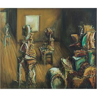 JAZZAMOART, Interior con pitos y máscaras XI, Signed and dated 91 on front, signed on back, Oil on canvas, 43.3 x 51.1" (110 x 130 cm)