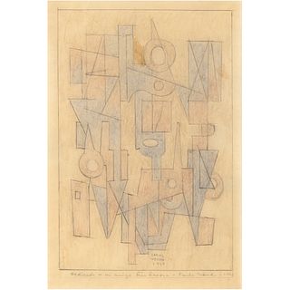 CARLOS MÉRIDA, Composition, Signed and dated 1969, Graphite and colored pencils on tracing paper, 14.5 x 7.4" (36.9 x 18.9 cm)