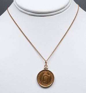 1894 Hungary 21.6K Gold Coin Pendant On 14K Chain
