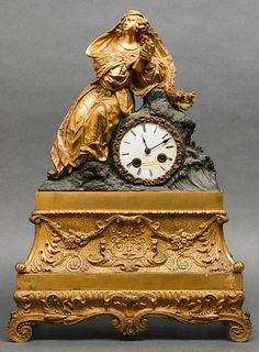 French Meyer Fils Dore Bronze Figural Mantel Clock