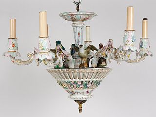 Rococo Manner Porcelain Chandelier W Birds