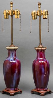 Chinese Oxblood Flambe Vase Table Lamps, Pr