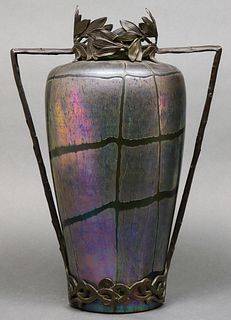 Loetz Attributed Bronze Mounted Iridescent Vase