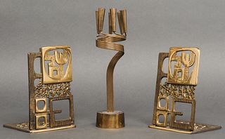 Judaica Brass "Shalom" Bookends & Candle Holder, 2