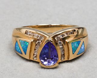 14K Yellow Gold Tanzanite, Diamond & Opal Ring