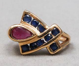 Vintage 10K Yellow Gold Ruby & Sapphire Ring