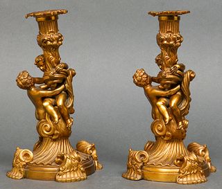 Louis XV Style Figural Gilt Bronze Candlesticks Pr
