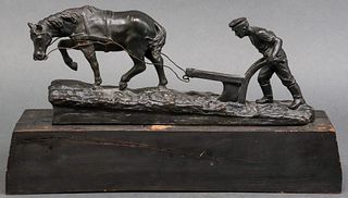 Faux Bronze Patina Plowman & Horse Sculpture