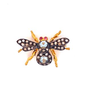 Silver & Gold Blue Zircon Diamond Butterfly Brooch