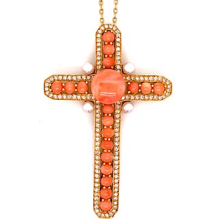 18k Gold Coral & Diamonds Cross
