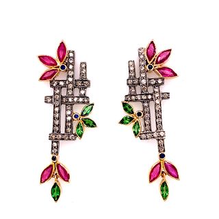 Floral Diamond Ruby Sapphire Leaf Gold Silver Earrings