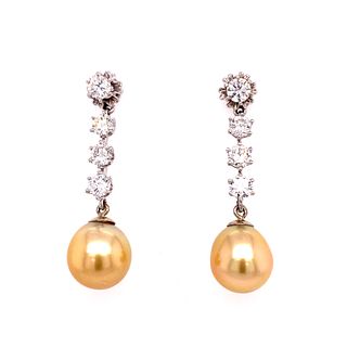 Diamond Champagne South Sea Cultured Pearl 14k Gold Earrings