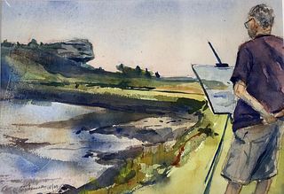 Robert Manice, Richard Grosvenor Painting Hanging Rock From Edge of Nelson Pond, 2001, Watercolor