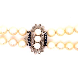 Platinum Diamond Sapphire Clasp Pearl Necklace