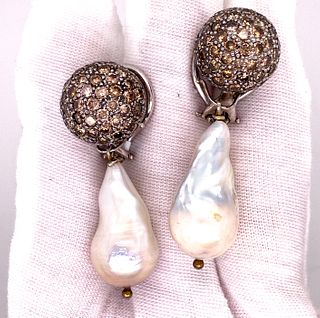 14k Champagne Diamond Pearl Earring
