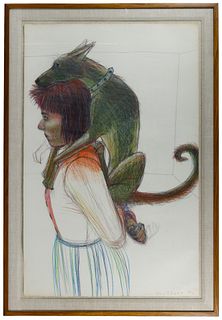 Jody Mussoff (American, b.1952) 'Girl Carrying Dog' Colored Pencil on Paper