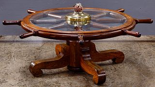 Oak Ship Wheel and Glass Top Coffee Table
