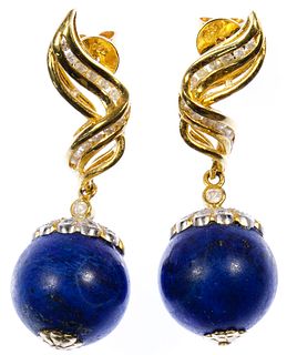 18k Gold, Lapis Lazuli and Diamond Pierced Earrings