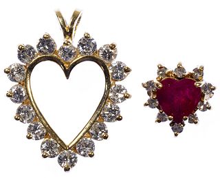 14k Gold, Ruby and Diamond Heart Pendants